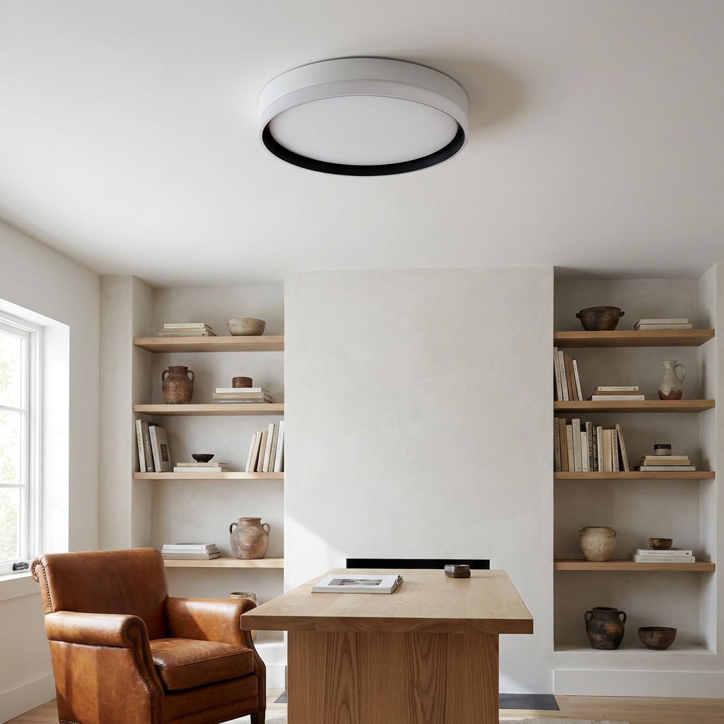 Plafonnier LED Acier Composite — en situation dans une piece, fixe au plafond, eteint