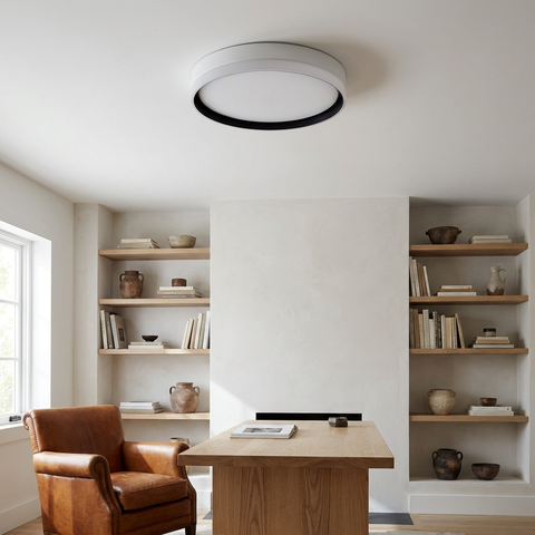 Plafonnier LED Acier Composite — en situation dans une piece, fixe au plafond, eteint