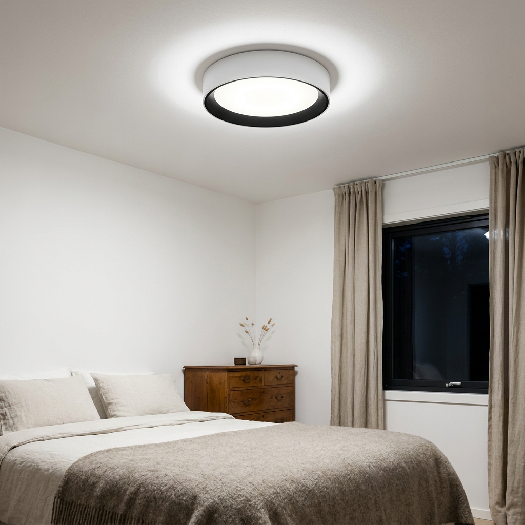 Plafonnier LED Acier Composite — allume le soir, ambiance chaleureuse, eclairage du plafond