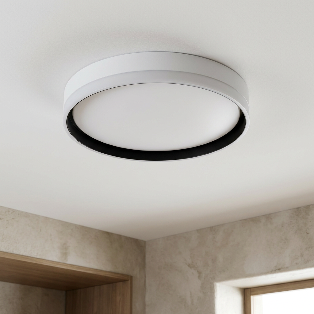 Plafonnier LED Acier Composite — vu de dessous, fixe au plafond, eteint