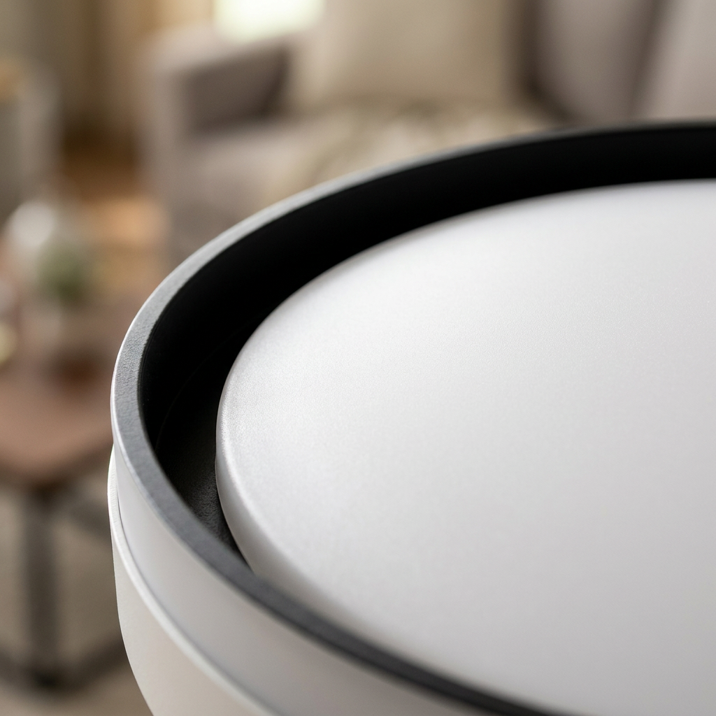 Plafonnier LED Acier Composite — gros plan sur la matiere et la finition