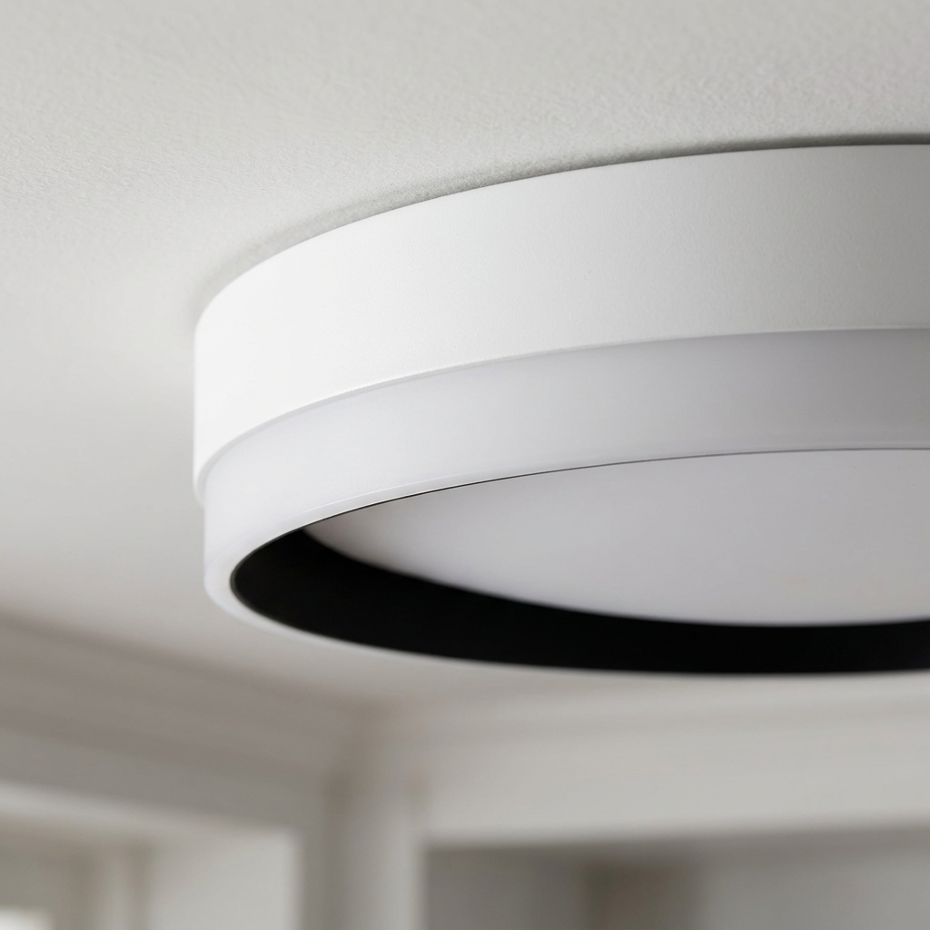 Plafonnier LED Acier Composite — detail du bord et de la fixation au plafond