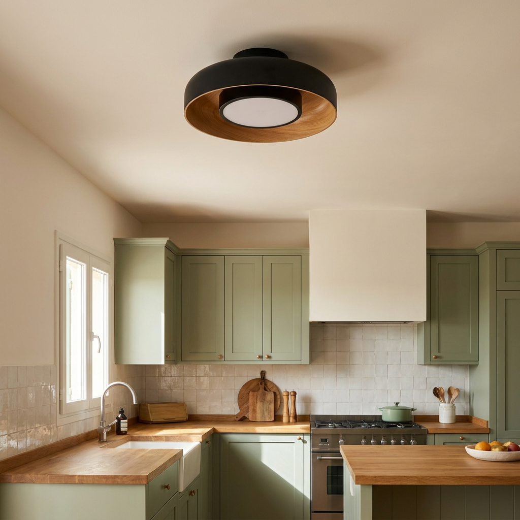 Plafonnier LED Acier Composite — en situation dans une piece, fixe au plafond, eteint