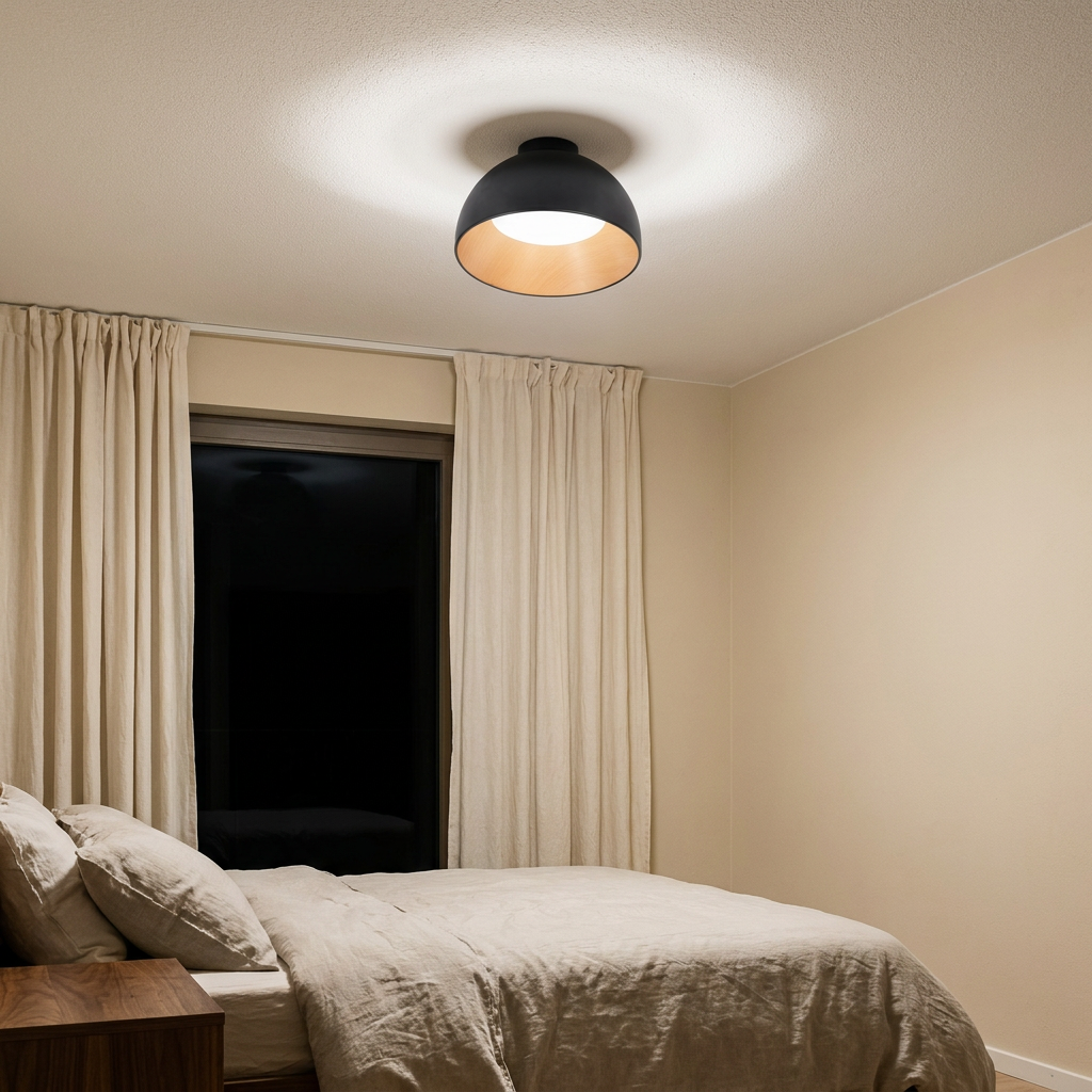 Plafonnier LED Acier Composite — allume le soir, ambiance chaleureuse, eclairage du plafond