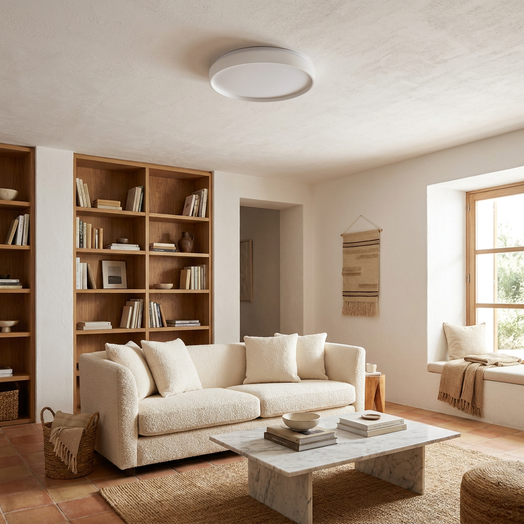 Plafonnier LED Acier Composite Blanc — en situation dans une piece, fixe au plafond, eteint