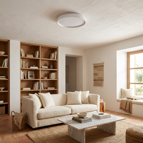 Plafonnier LED Acier Composite Blanc — en situation dans une piece, fixe au plafond, eteint