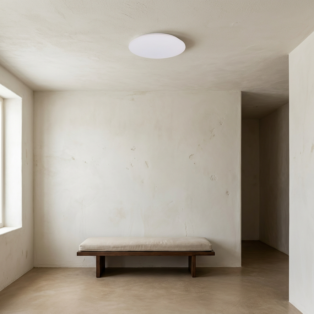 Plafonnier LED Acier Composite Blanc — en situation dans une piece, fixe au plafond, eteint
