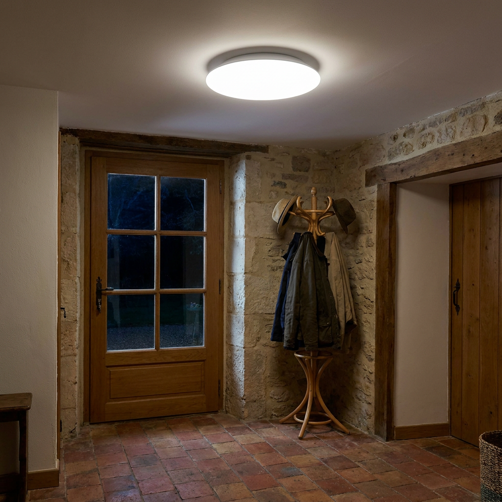 Plafonnier LED Acier Composite Blanc — allume le soir, ambiance chaleureuse, eclairage du plafond