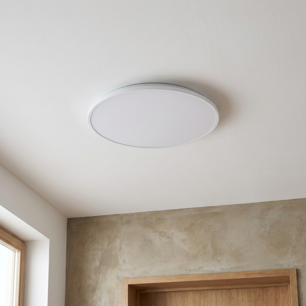 Plafonnier LED Acier Composite Blanc — vu de dessous, fixe au plafond, eteint