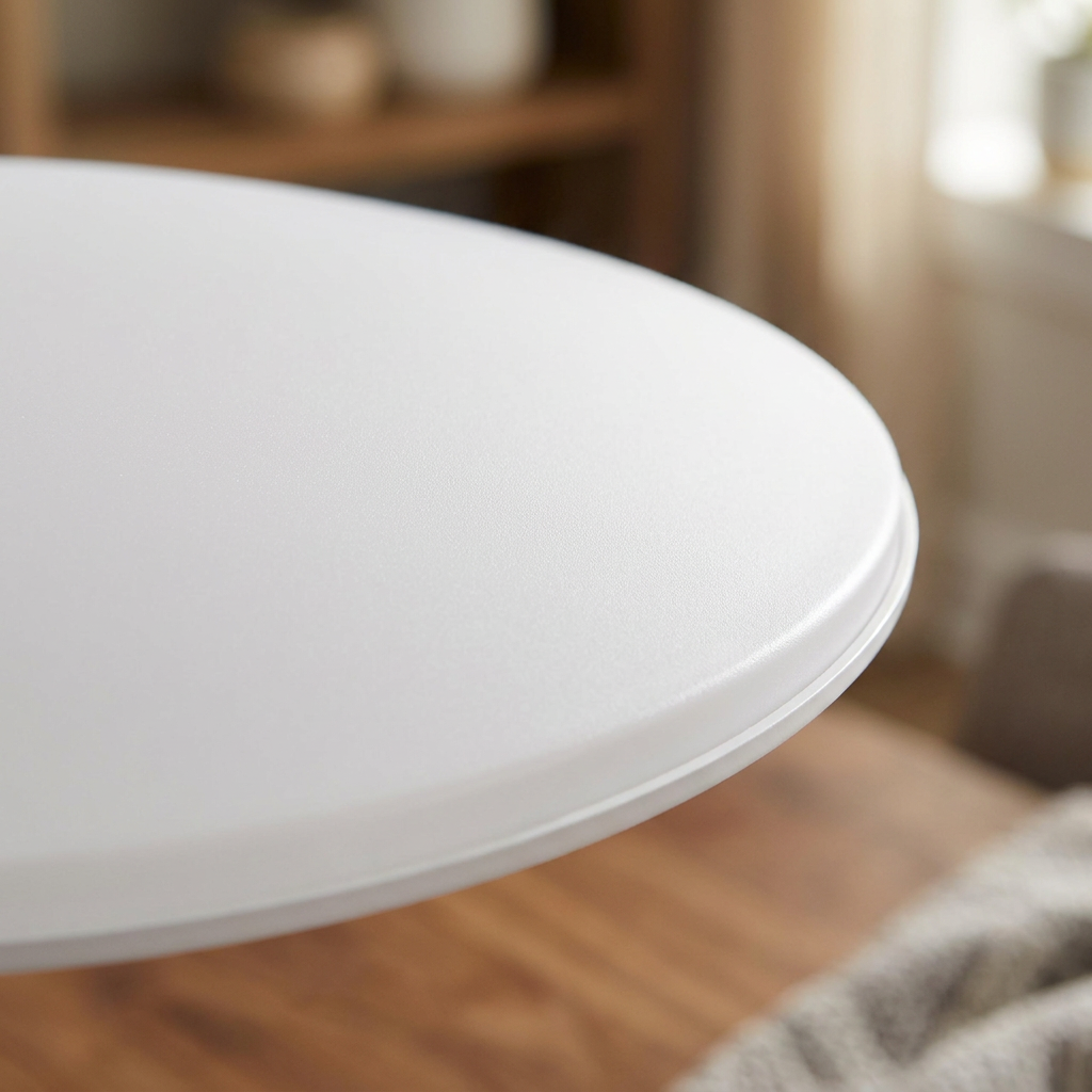 Plafonnier LED Acier Composite Blanc — gros plan sur la matiere et la finition