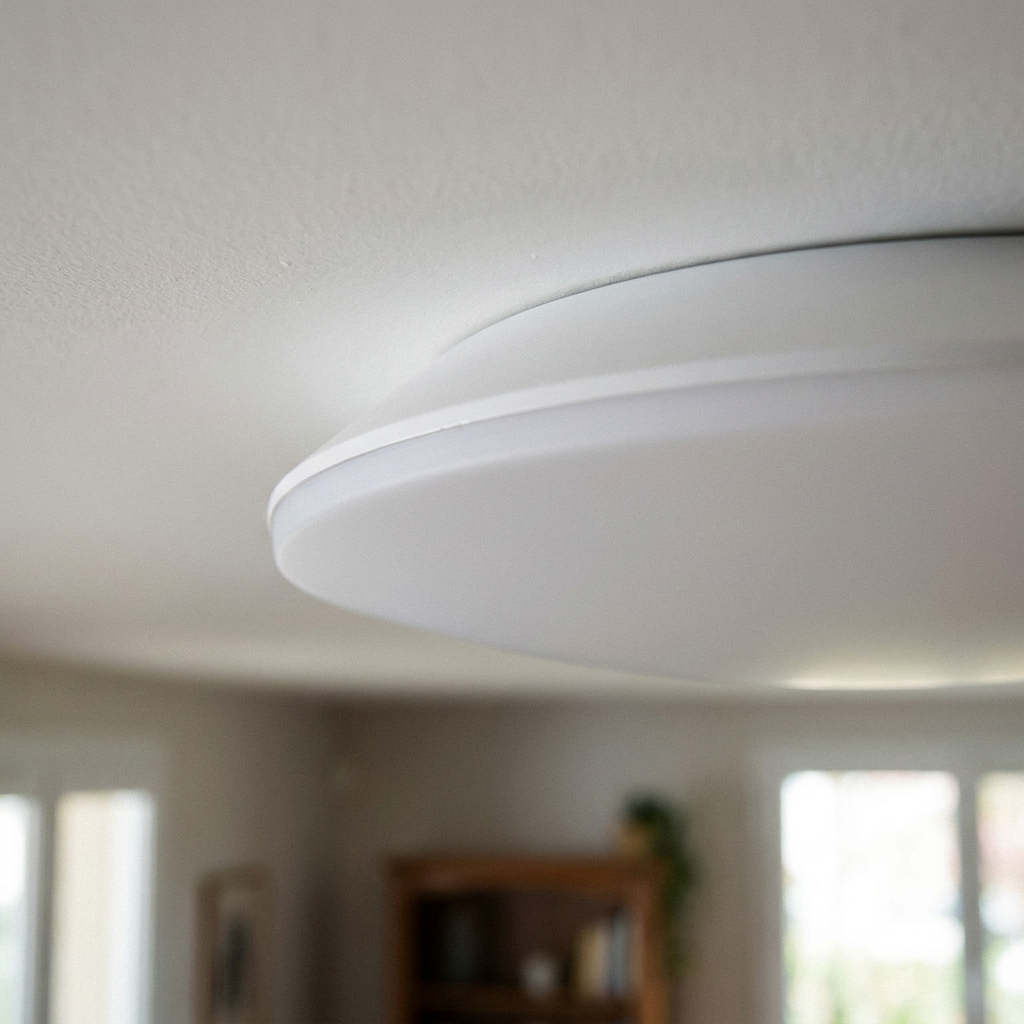 Plafonnier LED Acier Composite Blanc — detail du bord et de la fixation au plafond