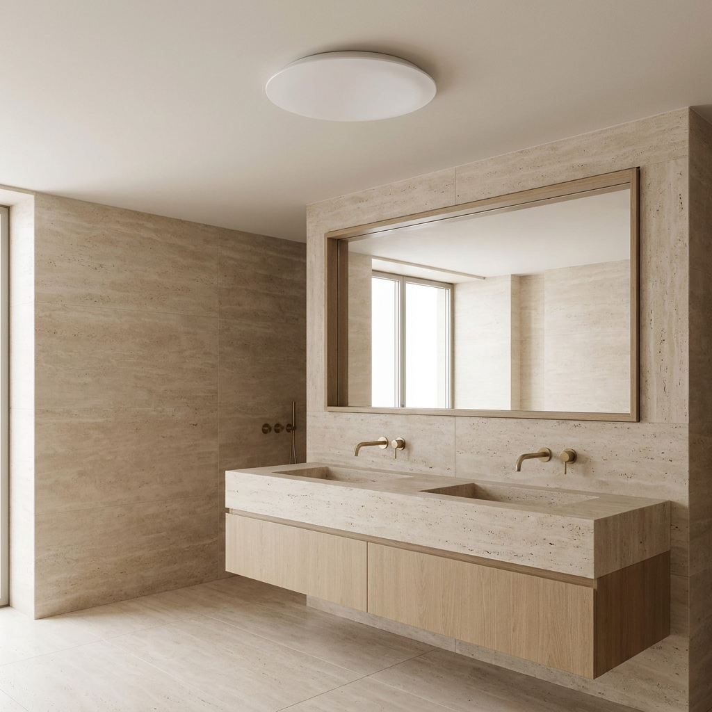 Plafonnier LED Acier Composite Blanc — en situation dans une piece, fixe au plafond, eteint