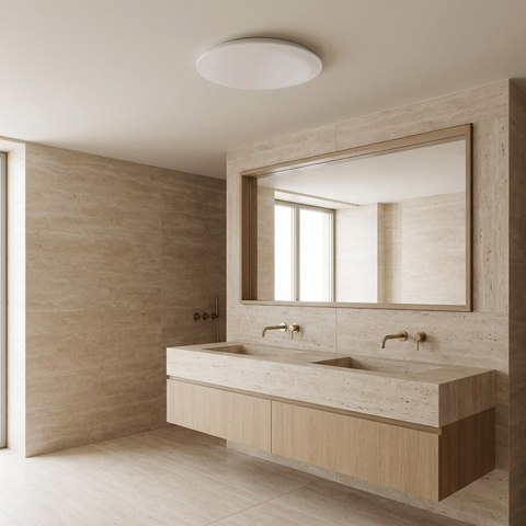 Plafonnier LED Acier Composite Blanc — en situation dans une piece, fixe au plafond, eteint