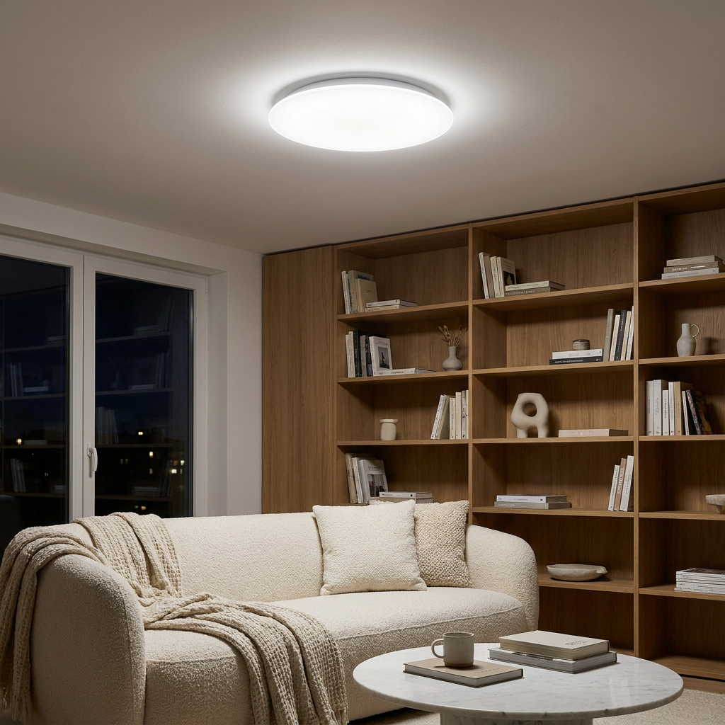 Plafonnier LED Acier Composite Blanc — allume le soir, ambiance chaleureuse, eclairage du plafond