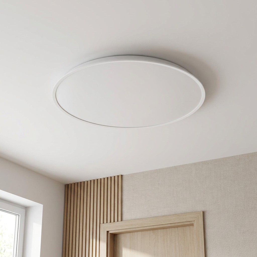 Plafonnier LED Acier Composite Blanc — vu de dessous, fixe au plafond, eteint