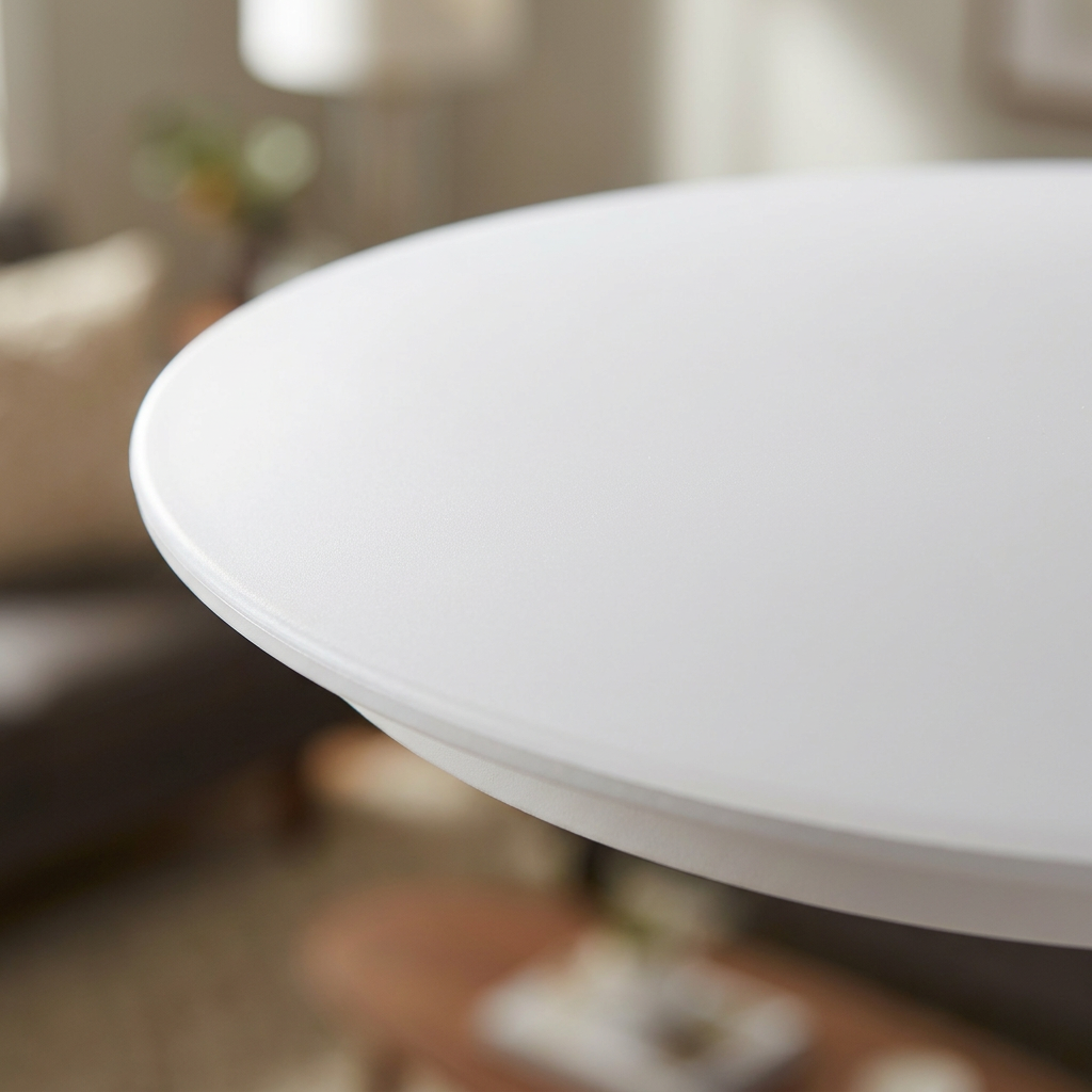Plafonnier LED Acier Composite Blanc — gros plan sur la matiere et la finition