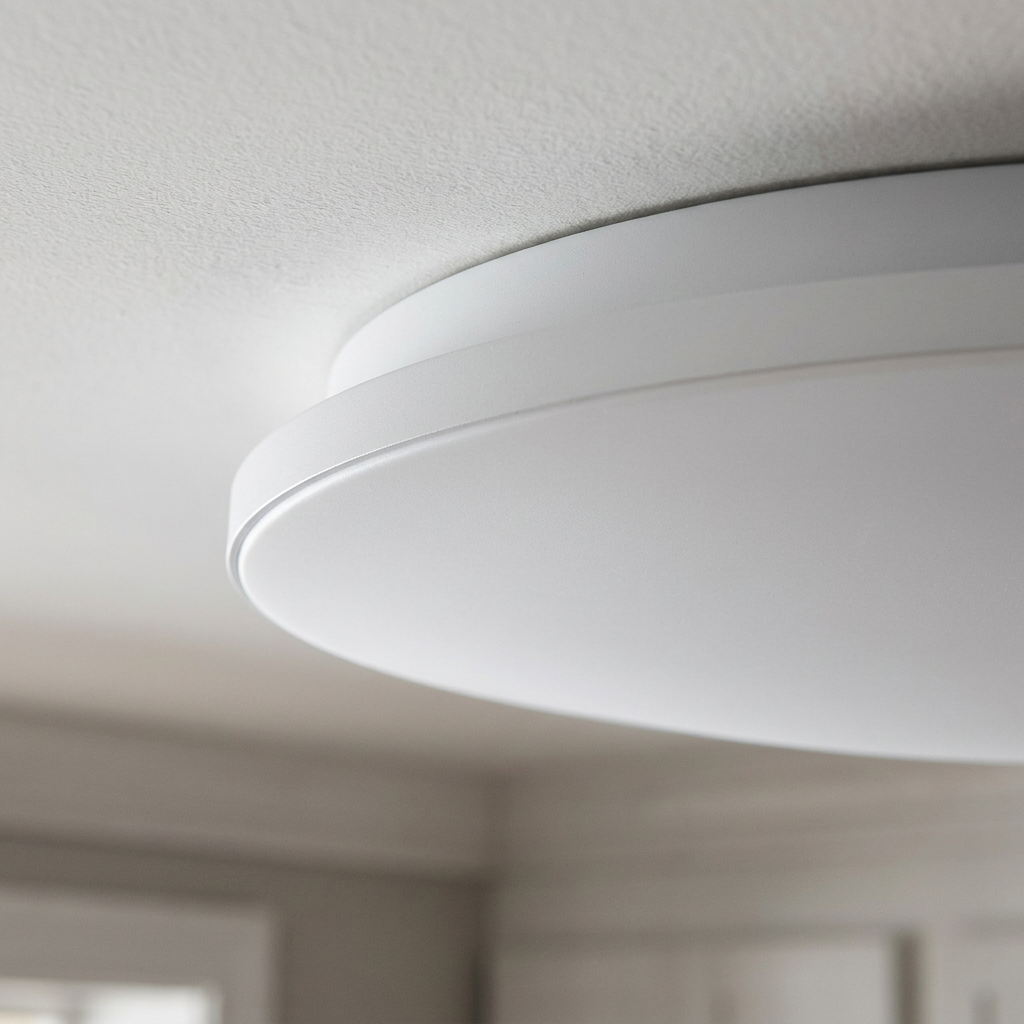 Plafonnier LED Acier Composite Blanc — detail du bord et de la fixation au plafond