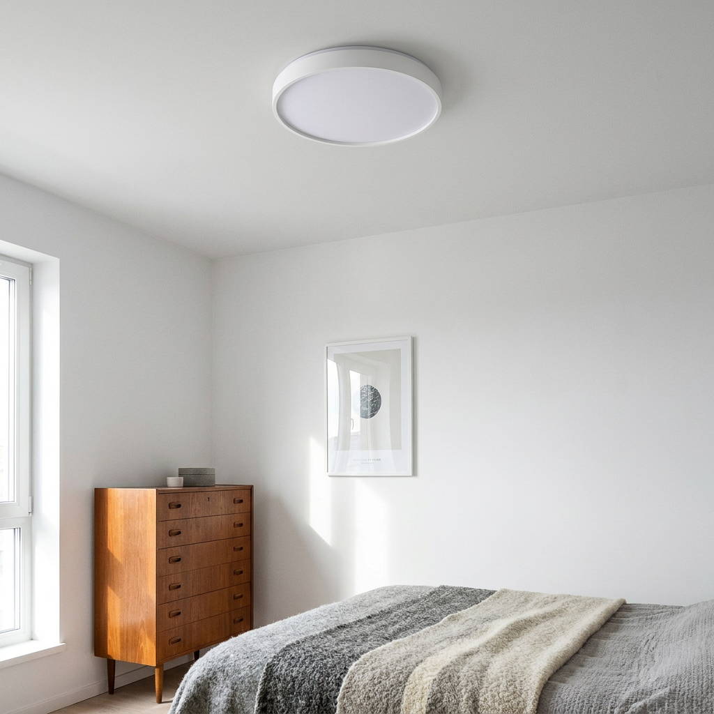 Plafonnier LED Acier Composite Blanc — en situation dans une piece, fixe au plafond, eteint