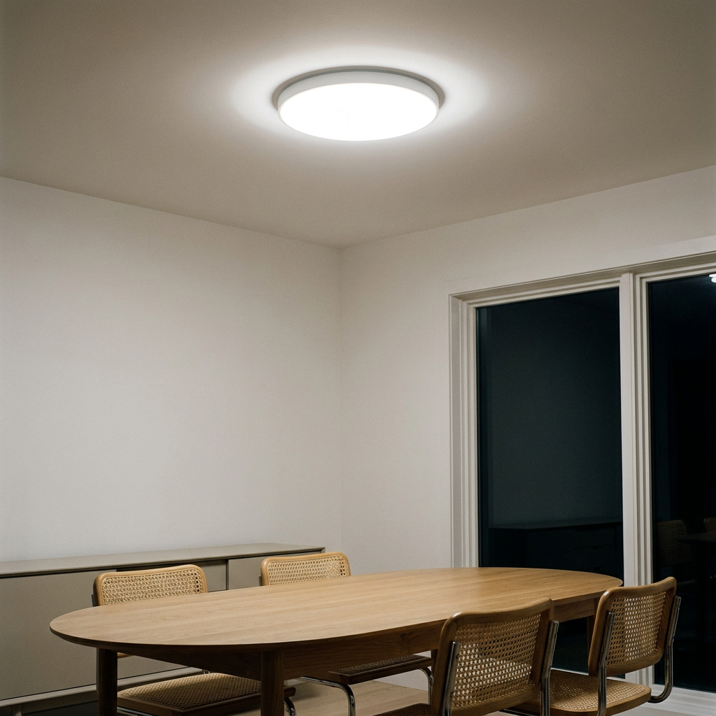 Plafonnier LED Acier Composite Blanc — allume le soir, ambiance chaleureuse, eclairage du plafond