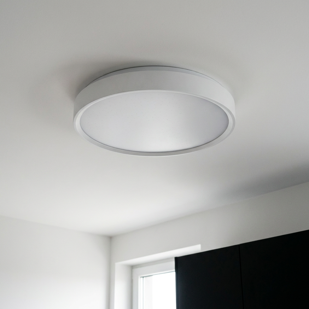 Plafonnier LED Acier Composite Blanc — vu de dessous, fixe au plafond, eteint