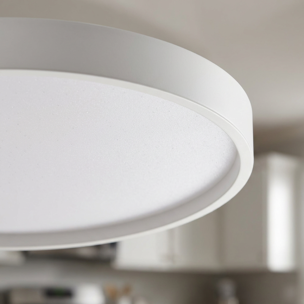 Plafonnier LED Acier Composite Blanc — gros plan sur la matiere et la finition