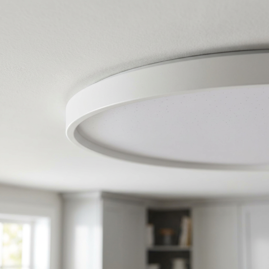 Plafonnier LED Acier Composite Blanc — detail du bord et de la fixation au plafond