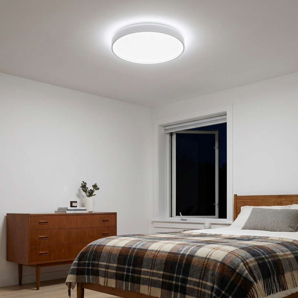 Plafonnier LED Acier Composite Blanc — allume le soir, ambiance chaleureuse, eclairage du plafond
