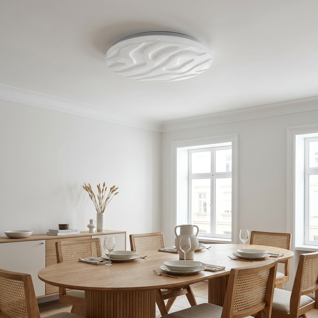Plafonnier LED Acier Composite Blanc — en situation dans une piece, fixe au plafond, eteint