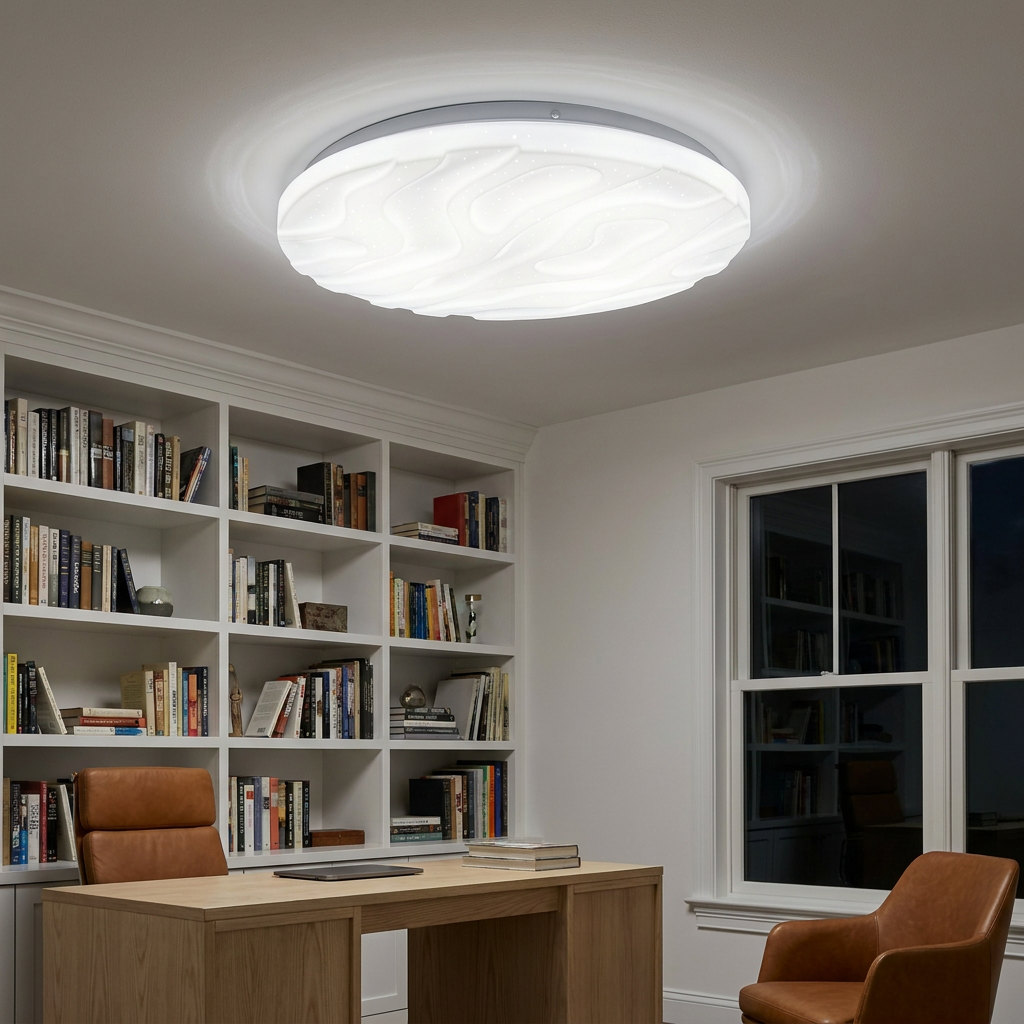 Plafonnier LED Acier Composite Blanc — allume le soir, ambiance chaleureuse, eclairage du plafond