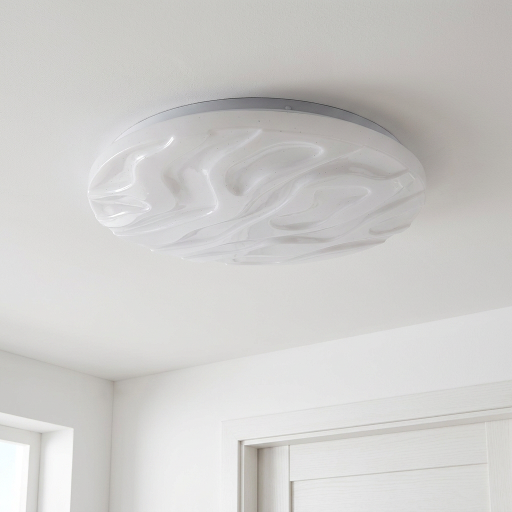 Plafonnier LED Acier Composite Blanc — vu de dessous, fixe au plafond, eteint