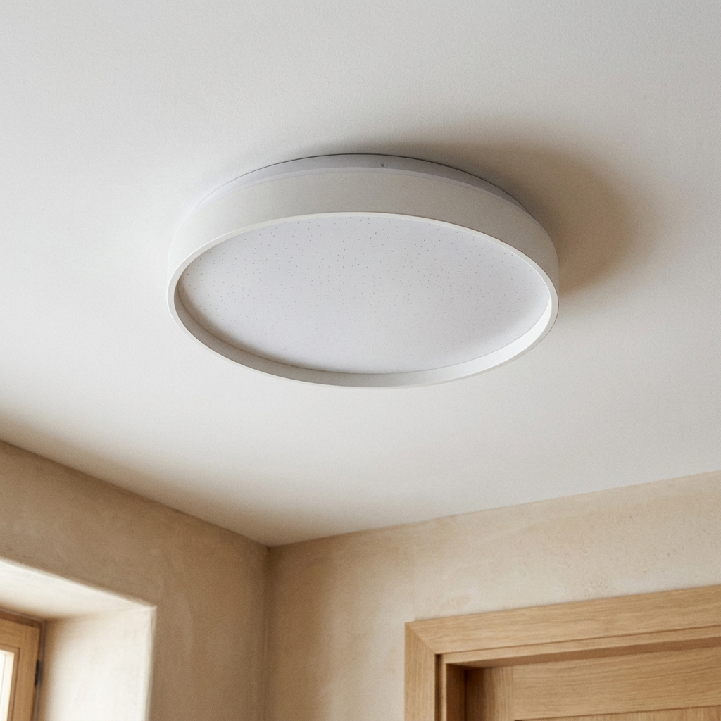 Plafonnier LED Acier Composite Blanc — vu de dessous, fixe au plafond, eteint