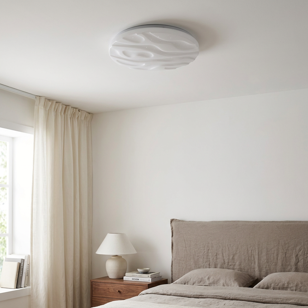 Plafonnier LED Acier Composite Blanc — en situation dans une piece, fixe au plafond, eteint