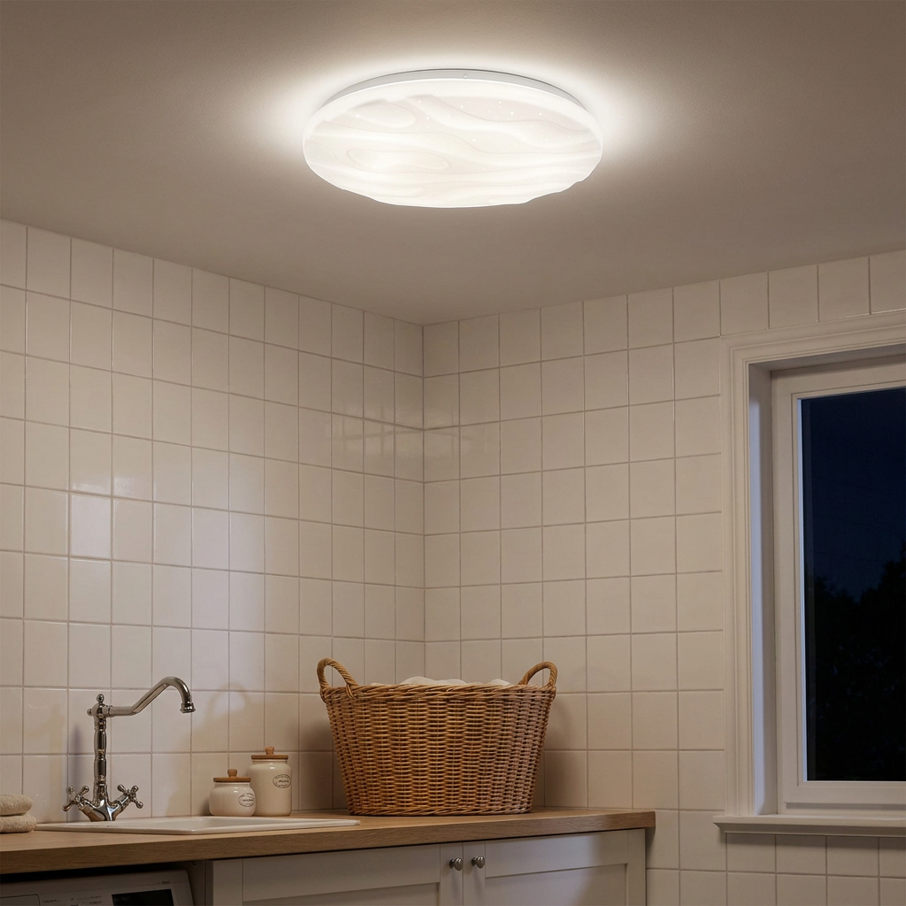 Plafonnier LED Acier Composite Blanc — allume le soir, ambiance chaleureuse, eclairage du plafond