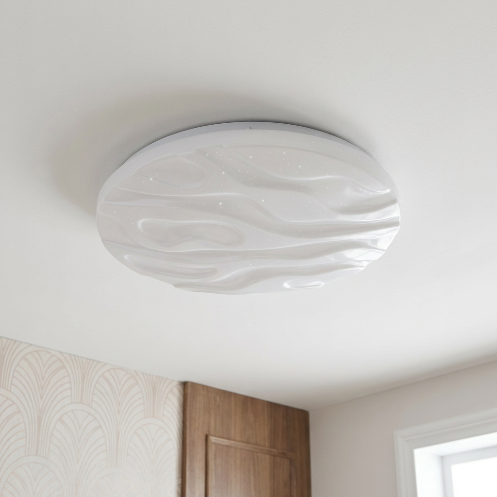 Plafonnier LED Acier Composite Blanc — vu de dessous, fixe au plafond, eteint