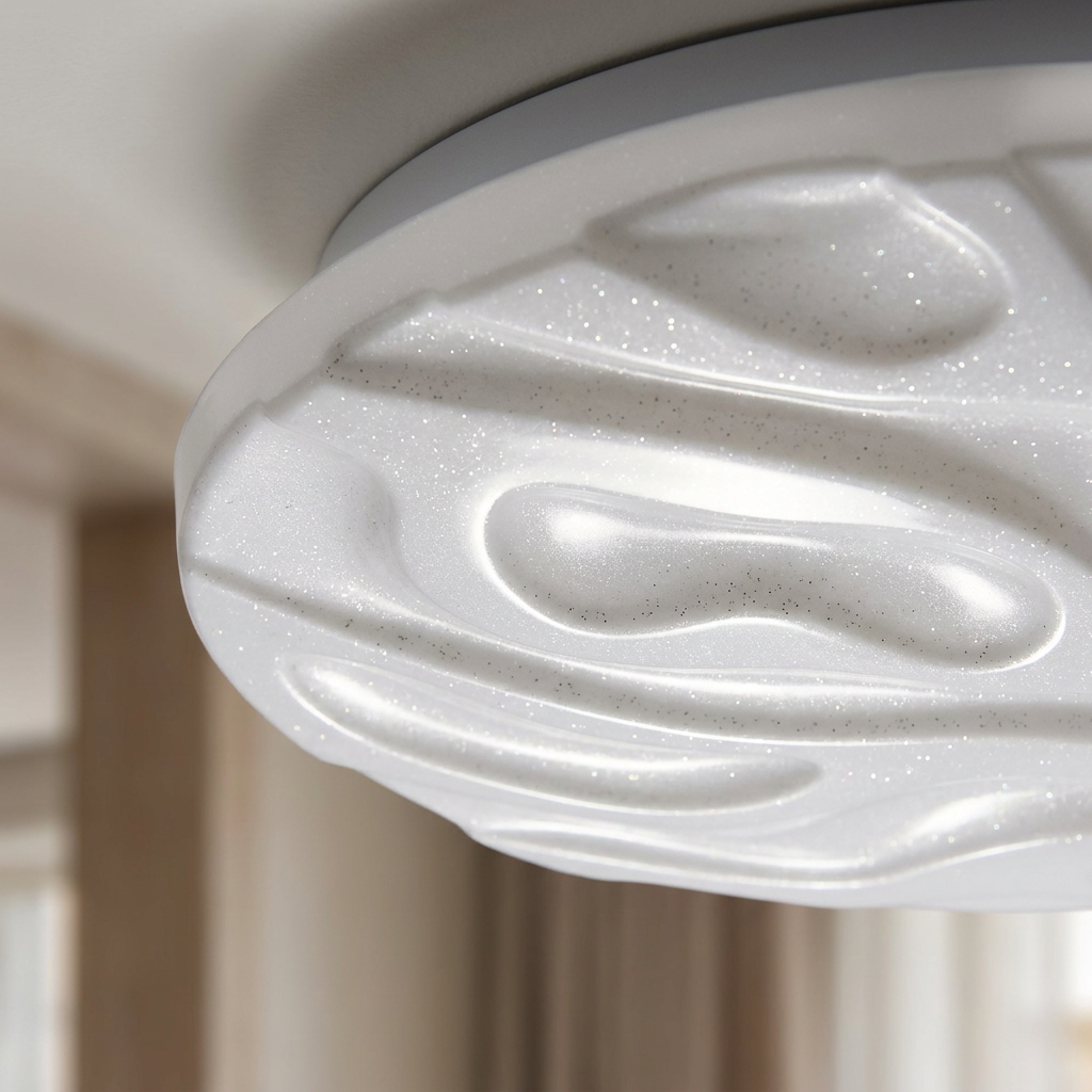 Plafonnier LED Acier Composite Blanc — gros plan sur la matiere et la finition