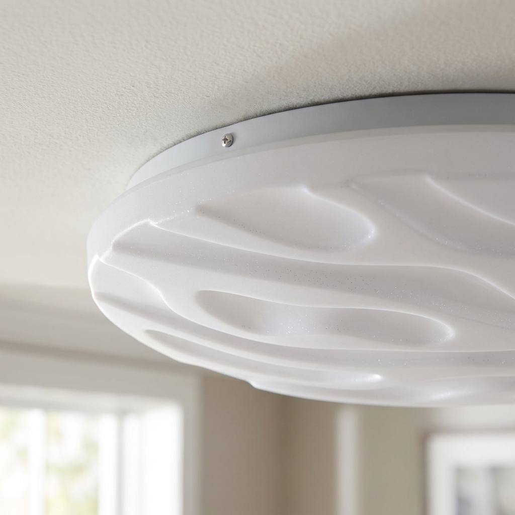 Plafonnier LED Acier Composite Blanc — detail du bord et de la fixation au plafond