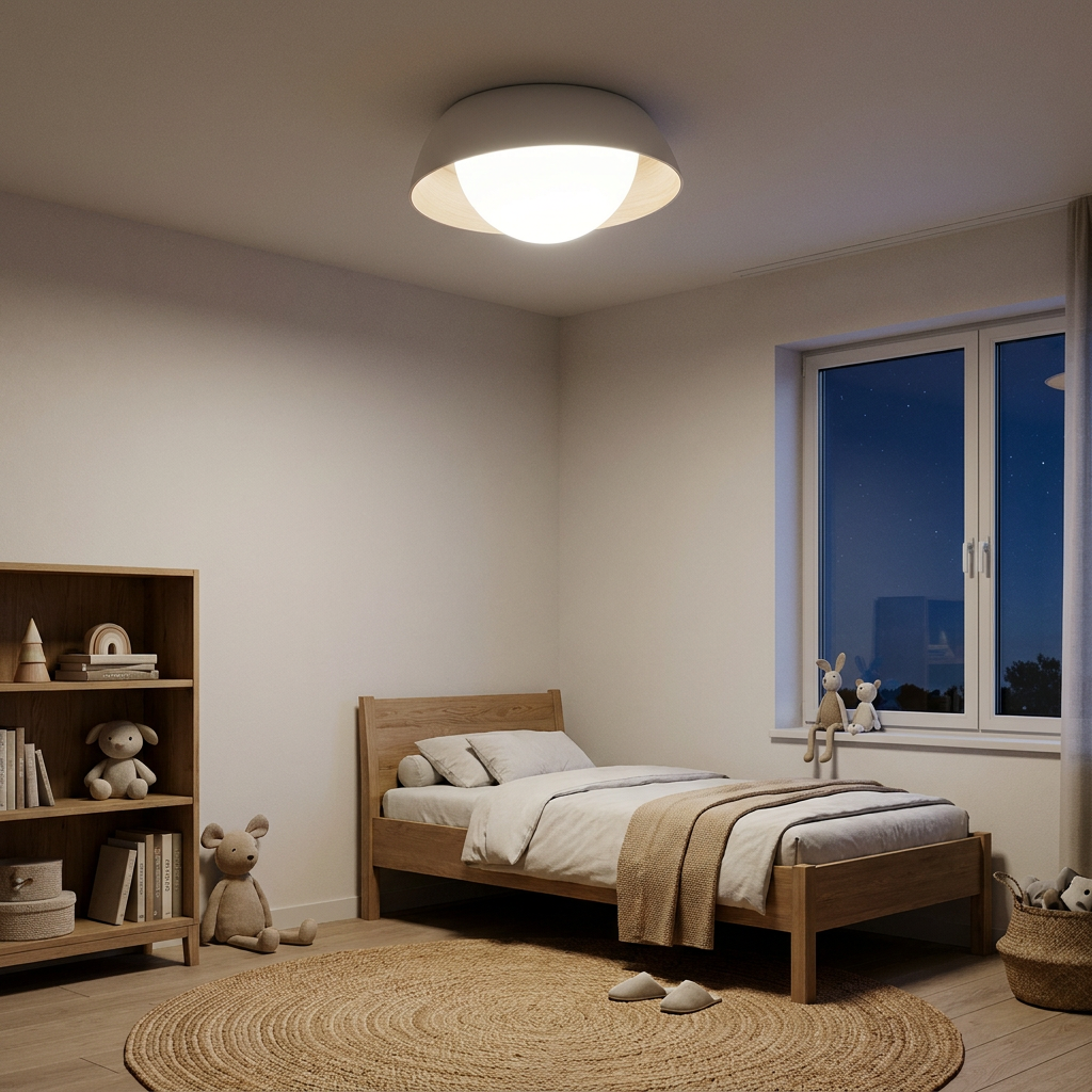Plafonnier LED Acier Composite Blanc — allume le soir, ambiance chaleureuse, eclairage du plafond
