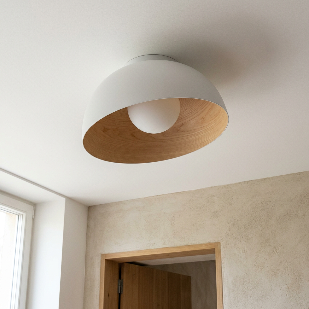 Plafonnier LED Acier Composite Blanc — vu de dessous, fixe au plafond, eteint