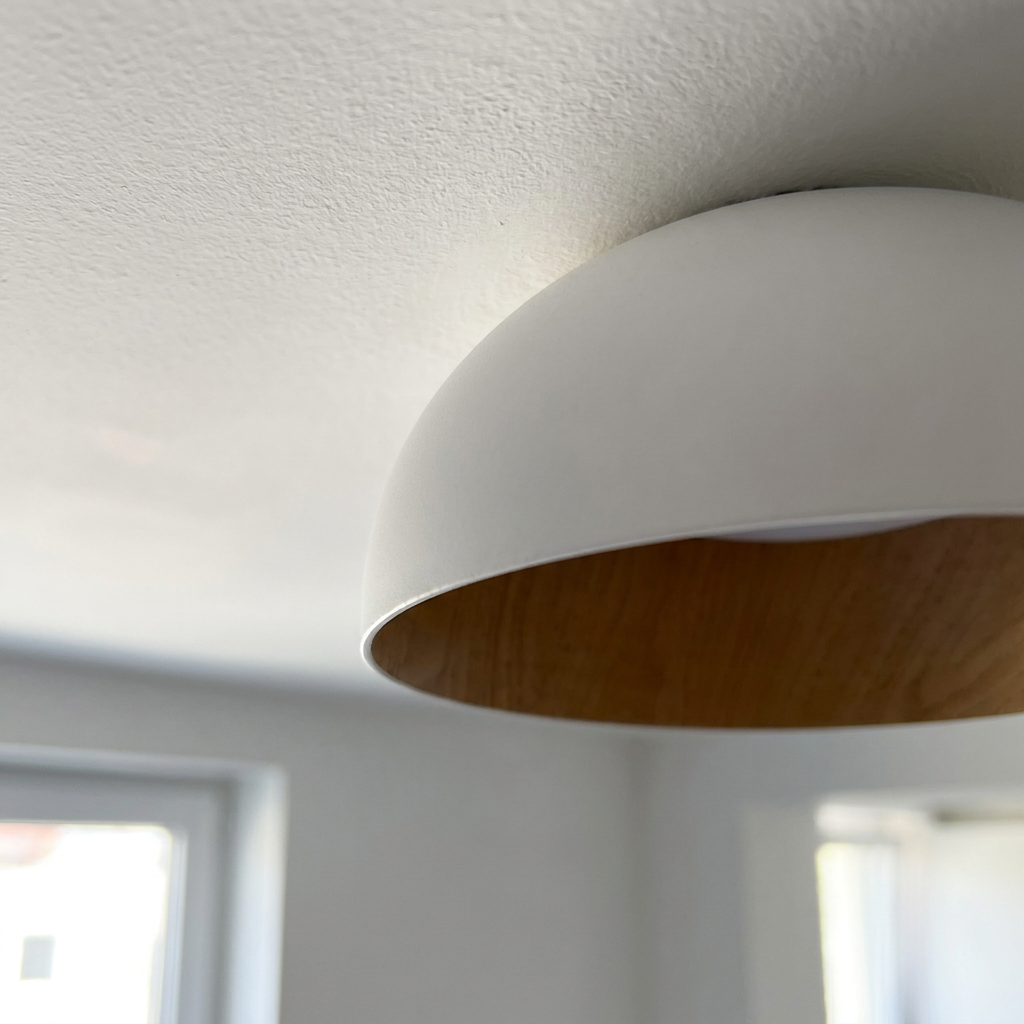 Plafonnier LED Acier Composite Blanc — detail du bord et de la fixation au plafond