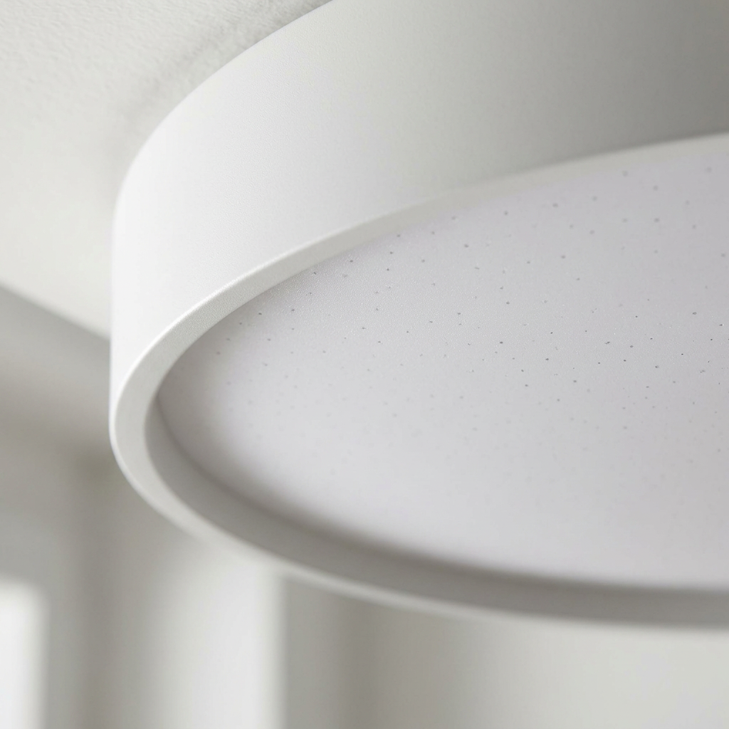 Plafonnier LED Acier Composite Blanc — gros plan sur la matiere et la finition