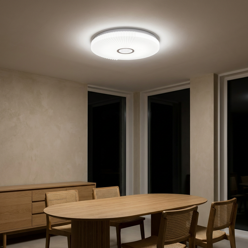 Plafonnier LED Acier Composite Blanc — allume le soir, ambiance chaleureuse, eclairage du plafond
