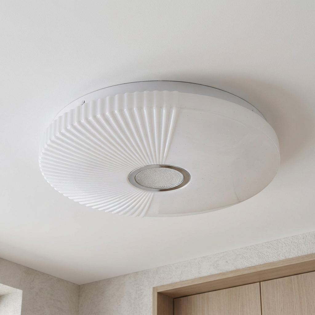 Plafonnier LED Acier Composite Blanc — vu de dessous, fixe au plafond, eteint