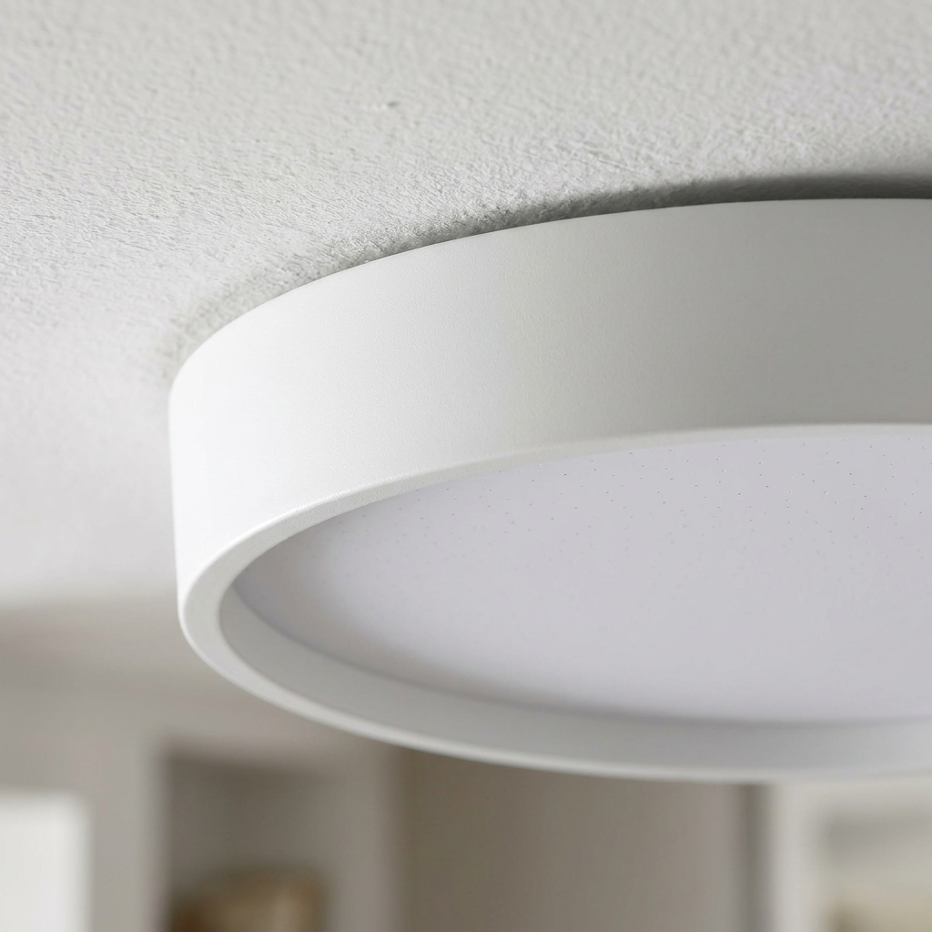 Plafonnier LED Acier Composite Blanc — detail du bord et de la fixation au plafond