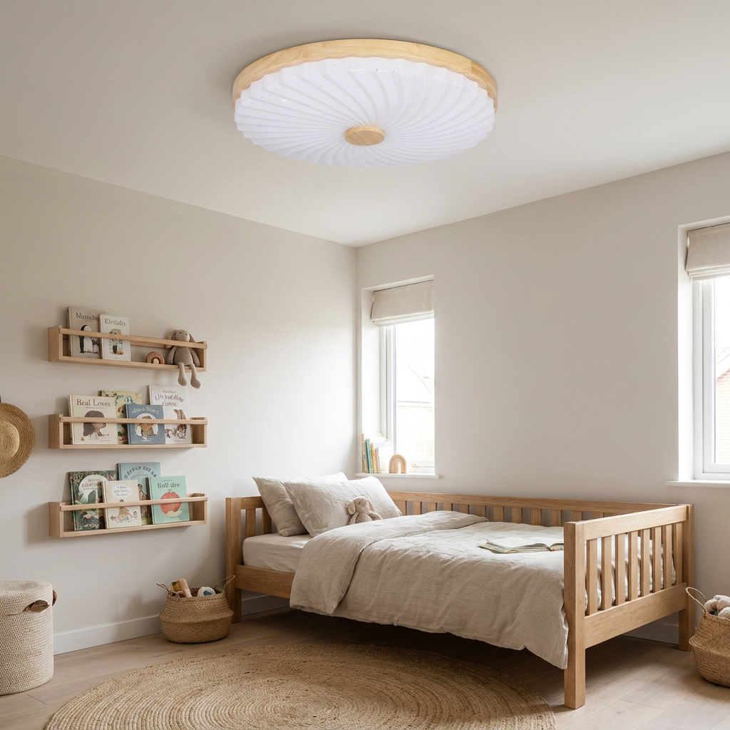 Plafonnier LED Acier Composite Blanc — en situation dans une piece, fixe au plafond, eteint