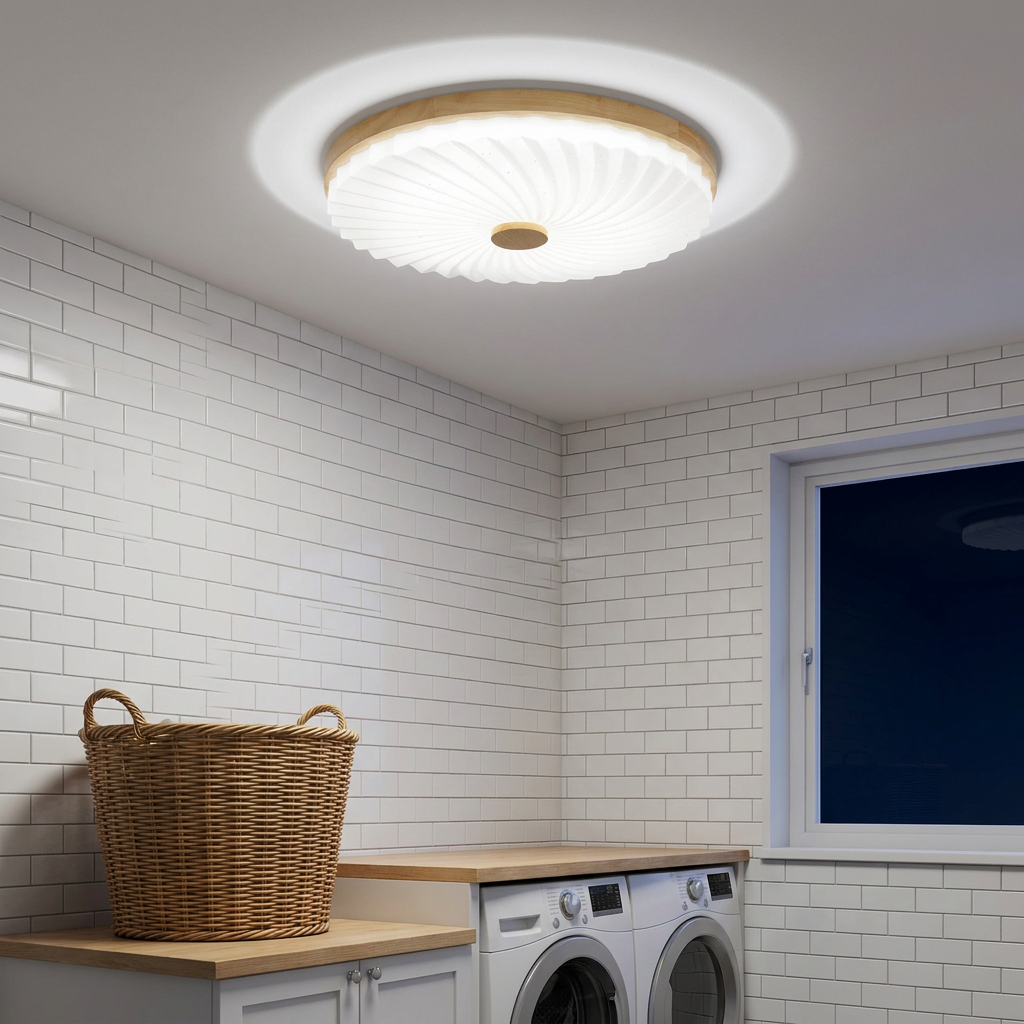 Plafonnier LED Acier Composite Blanc — allume le soir, ambiance chaleureuse, eclairage du plafond