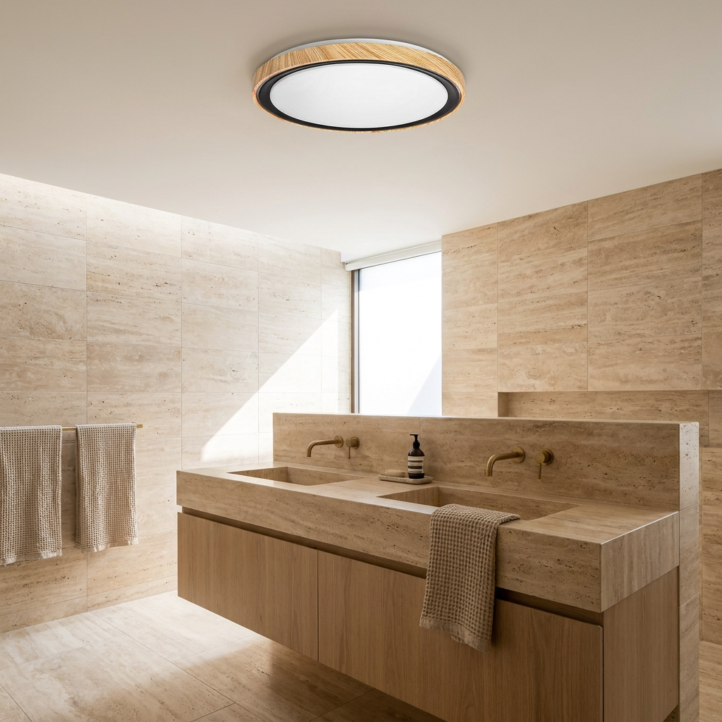Plafonnier LED Acier Composite Blanc — en situation dans une piece, fixe au plafond, eteint
