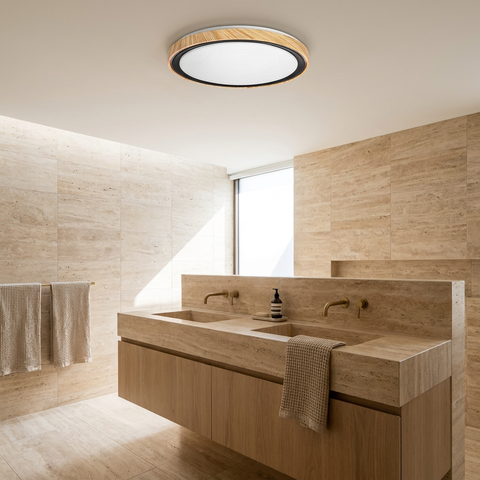 Plafonnier LED Acier Composite Blanc — en situation dans une piece, fixe au plafond, eteint