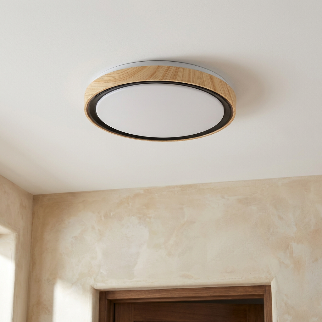 Plafonnier LED Acier Composite Blanc — vu de dessous, fixe au plafond, eteint