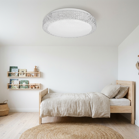 Plafonnier LED Acier Composite Blanc — en situation dans une piece, fixe au plafond, eteint