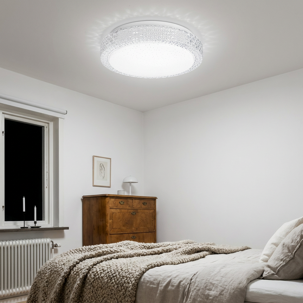 Plafonnier LED Acier Composite Blanc — allume le soir, ambiance chaleureuse, eclairage du plafond
